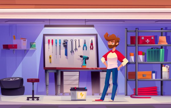 personnage dans son garage avec plein d'outils